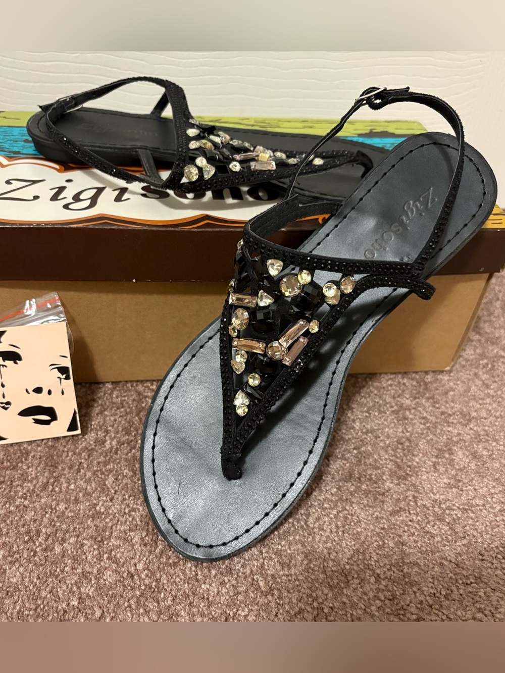 Zigi Soho Black Jeweled T-Strap Sandals - Picture 9 of 9